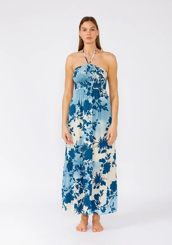 ladies-maxi-dress-delicate-dawn-Blue Floral Smocked Halter Maxi Dress