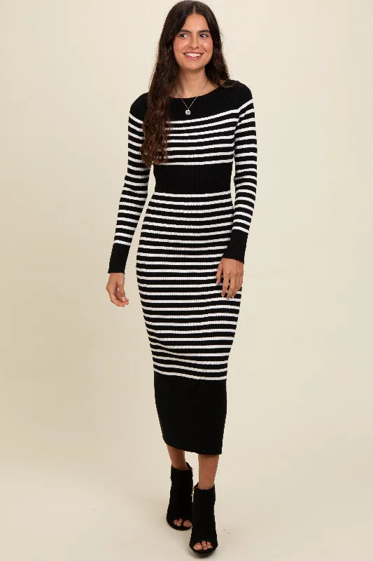 Women's midi dress glint pop -Black Striped Midi Sweater Dress