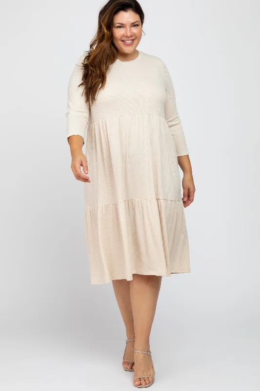 Women's midi dress night pop -Beige Tiered Ribbed 3/4 Sleeve Plus Midi Dress