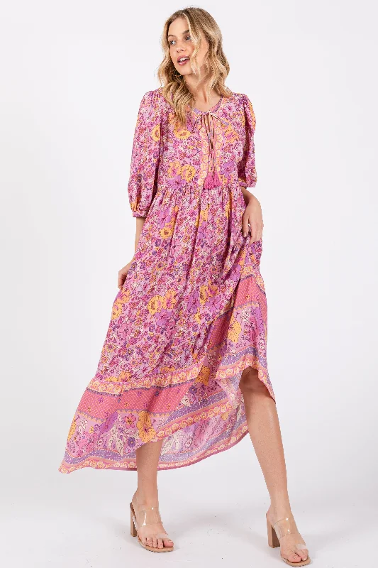 ladies-maxi-dress-bell-sleeve-bloom-Pink Floral Tassel Tie Maxi Dress