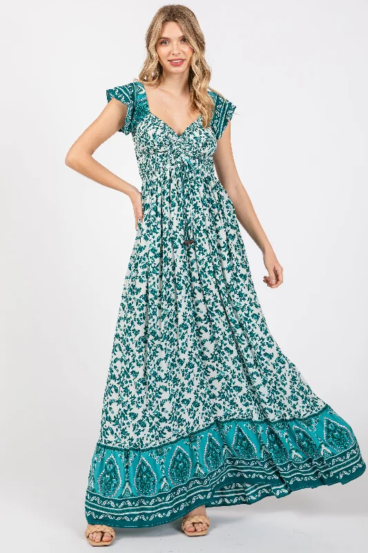 ladies-maxi-dress-budget-bloom-Green Floral Off Shoulder Smocked Maxi Dress