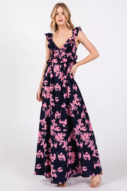 ladies-maxi-dress-sapphire-sweep-Navy Blue Floral Ruffle V-Neck Back Cutout Maxi Dress