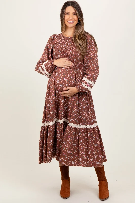 ladies-maxi-dress-solid-sophistication-Mocha Smocked Floral Crochet Lace Trim Maternity Maxi Dress