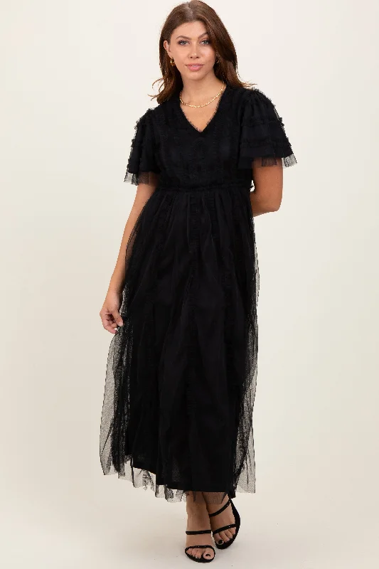 ladies-maxi-dress-effortless-ember-Black Ruffle Accent Mesh Overlay Maxi Dress