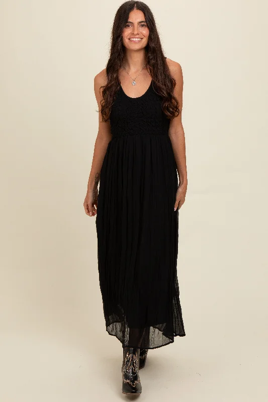 ladies-maxi-dress-retro-radiance-Black Textured Smocked Bodice Sleeveless Maxi Dress