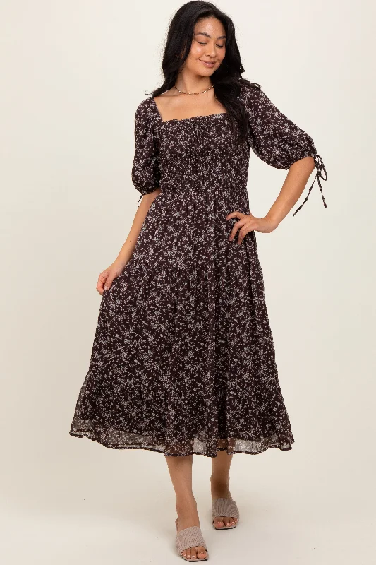 Women's midi dress wild flair -Dark Brown Floral Smocked Sleeve Tie Midi Dress