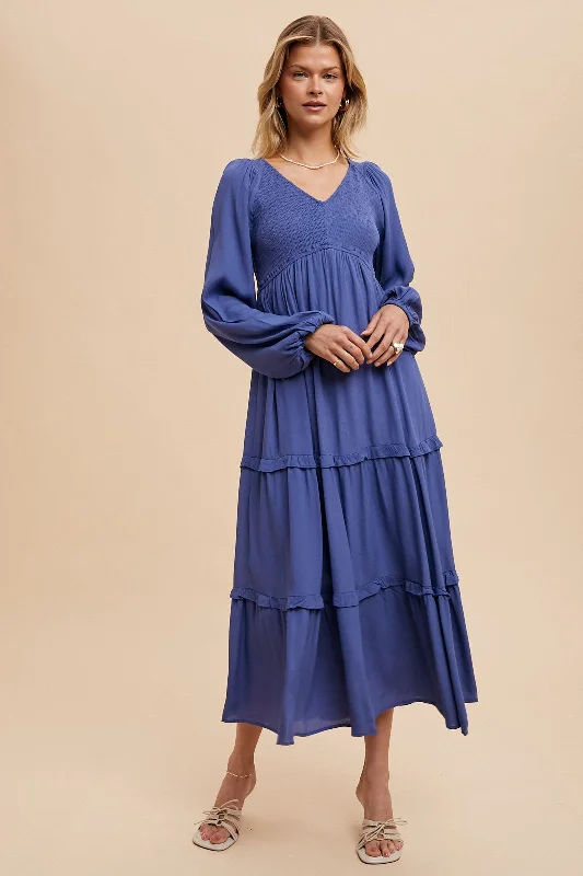 Women's midi dress zest chic -Blue Smocked Tiered Midi Dress