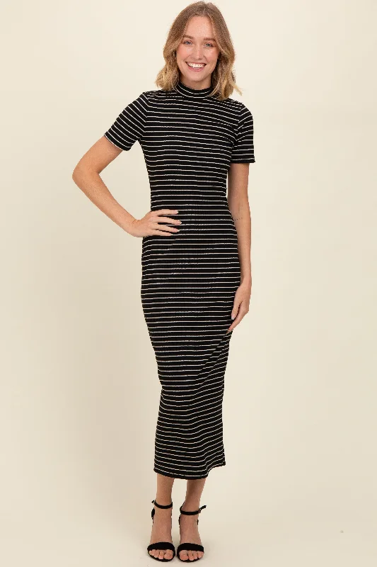 Women's midi dress pinch chic -Black Striped Mock Neck Fitted Midi Dress