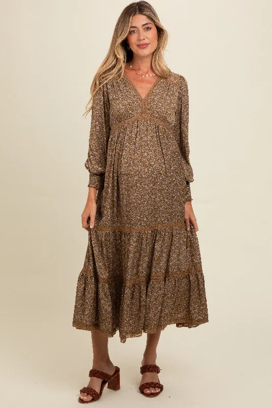 ladies-maxi-dress-geometric-gleam-Mocha Floral Lace Trim Bubble Sleeve Maternity Maxi Dress