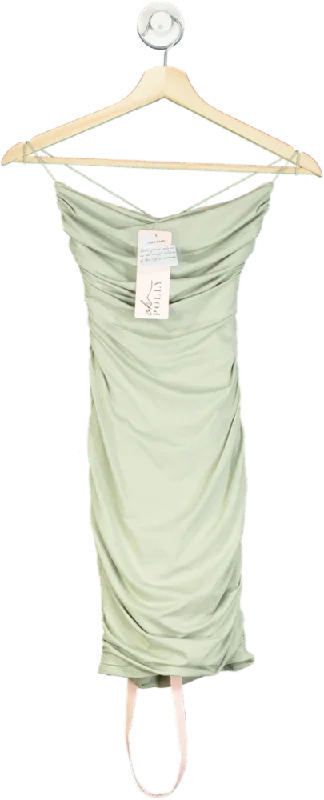 ladies-bodycon-dress-solid-sassy-Oh Polly Sage Green Ruched Bodycon Mini Dress UK 8