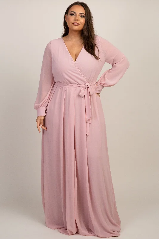 ladies-maxi-dress-photo-petal-Light Pink Chiffon Long Sleeve Pleated Plus Maxi Dress