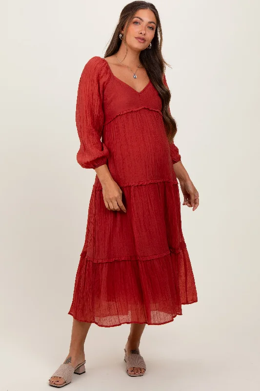 ladies-maxi-dress-tassel-twist-Rust Ruffle Accent Tiered Long Sleeve Maternity Maxi Dress