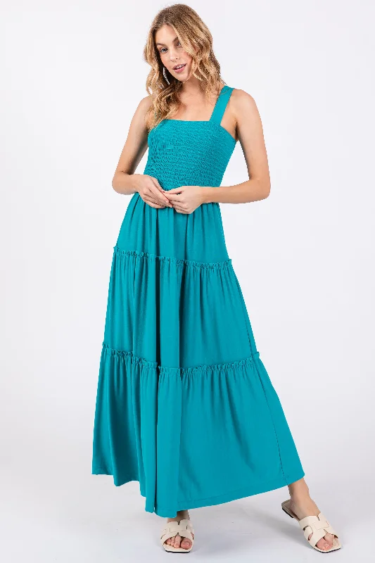 ladies-maxi-dress-ochre-opulence-Turquoise Sleeveless Tiered Maxi Dress