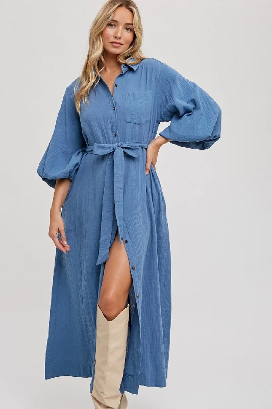 Women's midi dress spark flair -Blue Gauze Belted Shirt Midi Dress