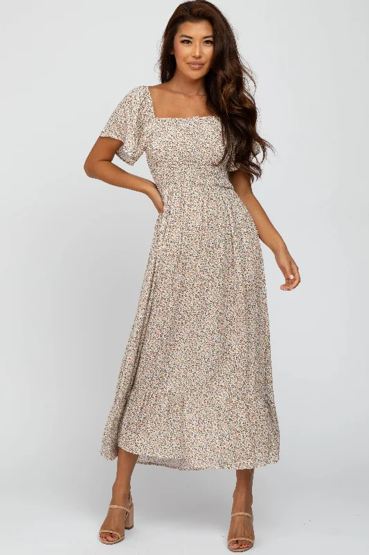 ladies-maxi-dress-relaxed-ripple-Ivory Floral Smocked Maxi Dress