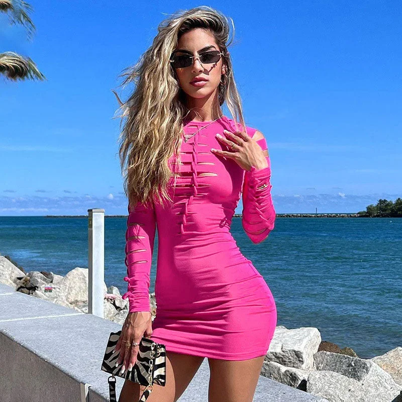 ladies-bodycon-dress-matte-moxie-Slashed Ladder Cut Out Crew Neck Sophisticated Long Sleeve Bodycon Mini Dress - Green