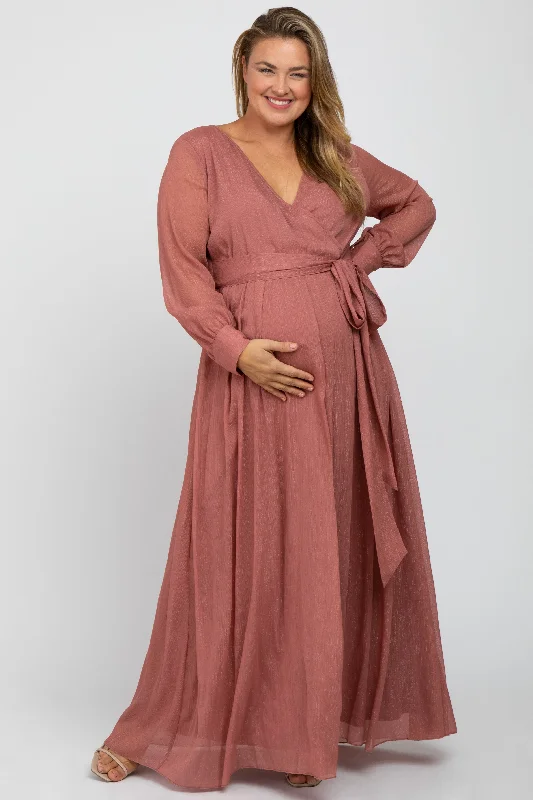 ladies-maxi-dress-structured-silk-Pink Metallic Chiffon Maternity Plus Maxi Dress