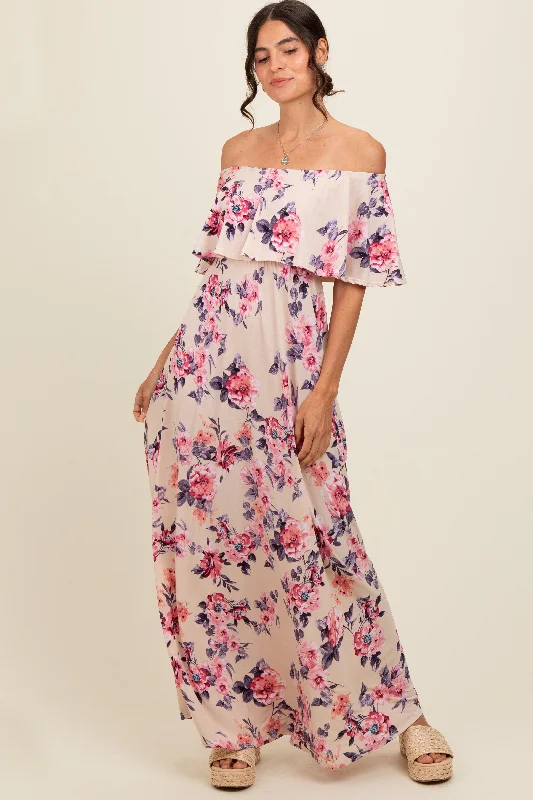 ladies-maxi-dress-claret-charm-Ivory Floral Off Shoulder Maxi Dress