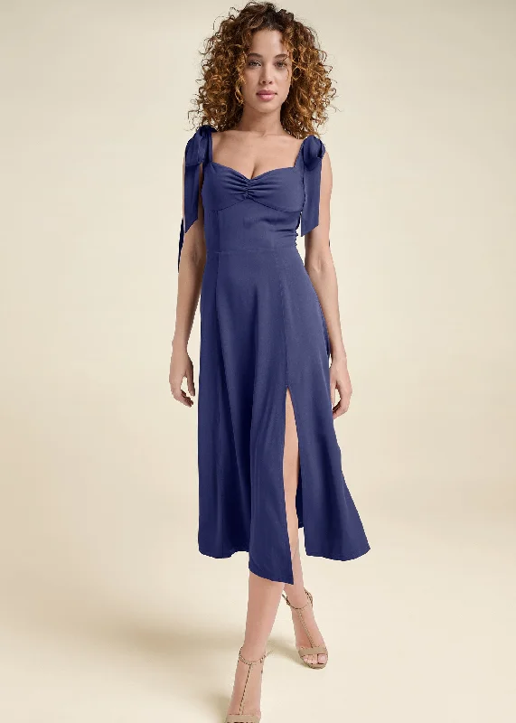 Women's midi dress vine flair -Tie Shoulder Midi Dress  - Skipper Blue