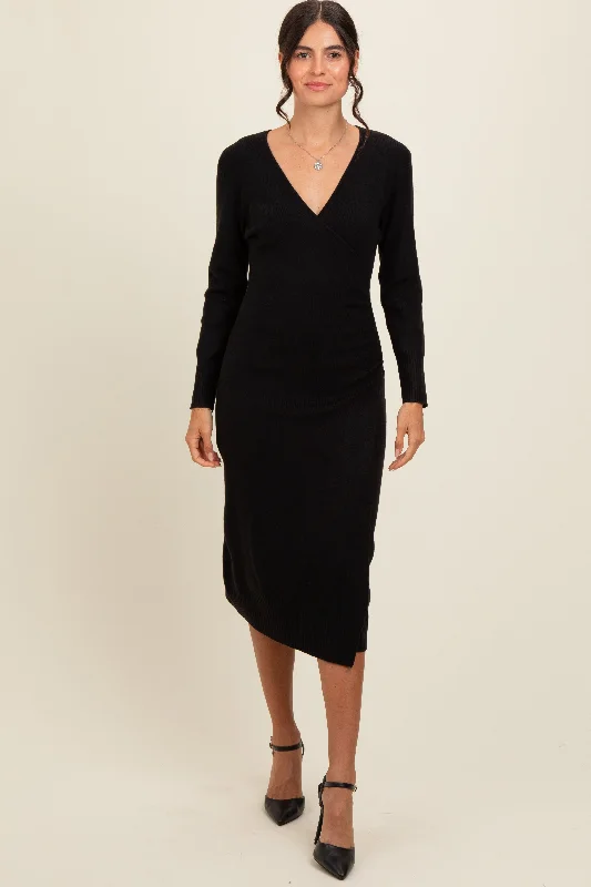 Women's midi dress trail flair -Black Knit Crossover Ruched Midi Dress