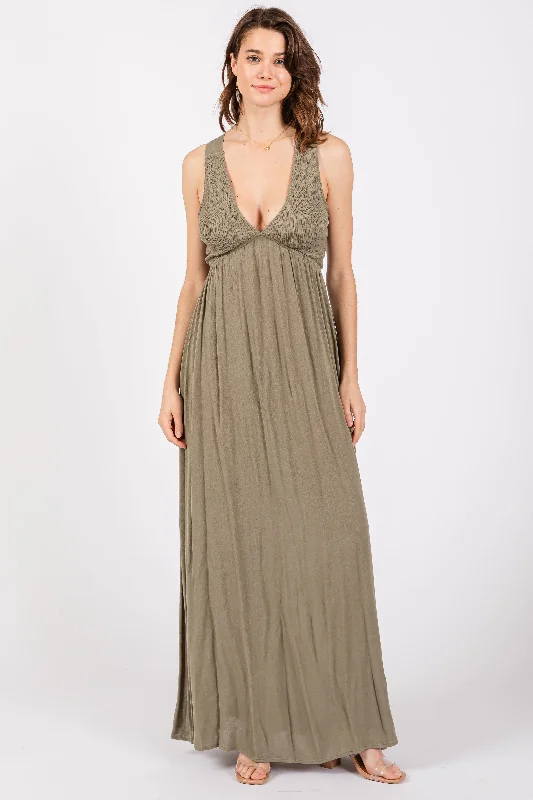 ladies-maxi-dress-bold-bloom-Olive Deep V-Neck Cross Back Maxi Dress