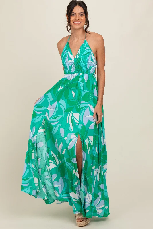 ladies-maxi-dress-dainty-dusk-Green Floral Smocked Halter Open Back Maxi Dress