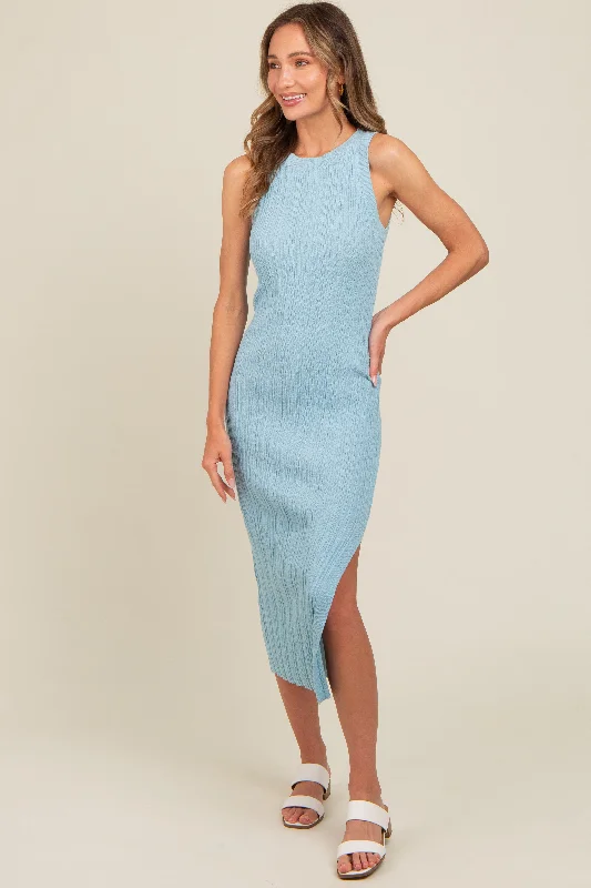 Women's midi dress sweep flair -Light Blue Ribbed Side Slit Sleeveless Midi Dress