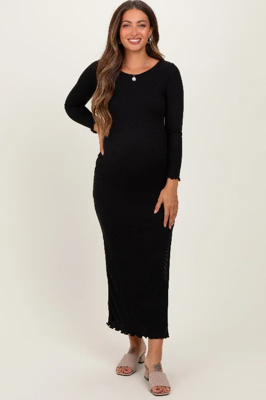 ladies-maxi-dress-buttoned-bliss-Black Knit Side Slit Lettuce Trim Maternity Maxi Dress