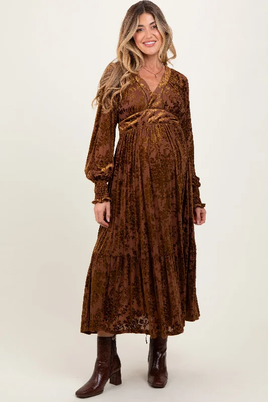 ladies-maxi-dress-backless-bloom-Mocha Floral Velvet Overlay Maternity Maxi Dress