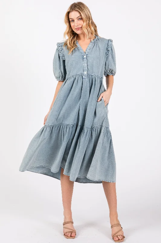 Women's midi dress web glow -Blue Denim Button Front Short Sleeve Tiered Midi Dress