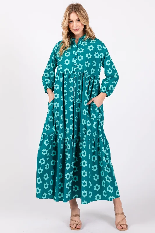 ladies-maxi-dress-off-shoulder-orchid-Emerald Floral 3/4 Sleeve Collared Maxi Dress