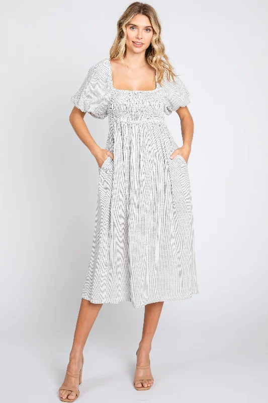 Women's midi dress last glow -Ivory Striped Linen Smocked Short Puff Sleeve Midi Dress