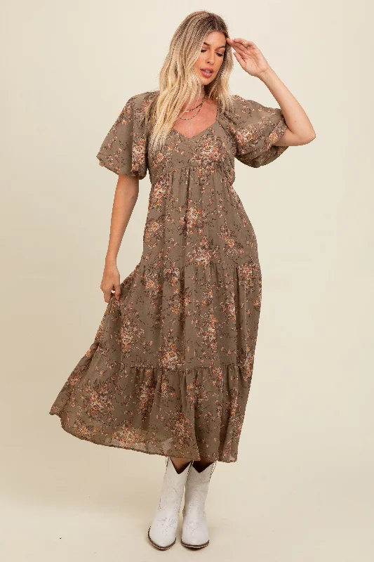 ladies-maxi-dress-burgundy-bloom-Olive Floral Tiered Puff Sleeve Maxi Dress