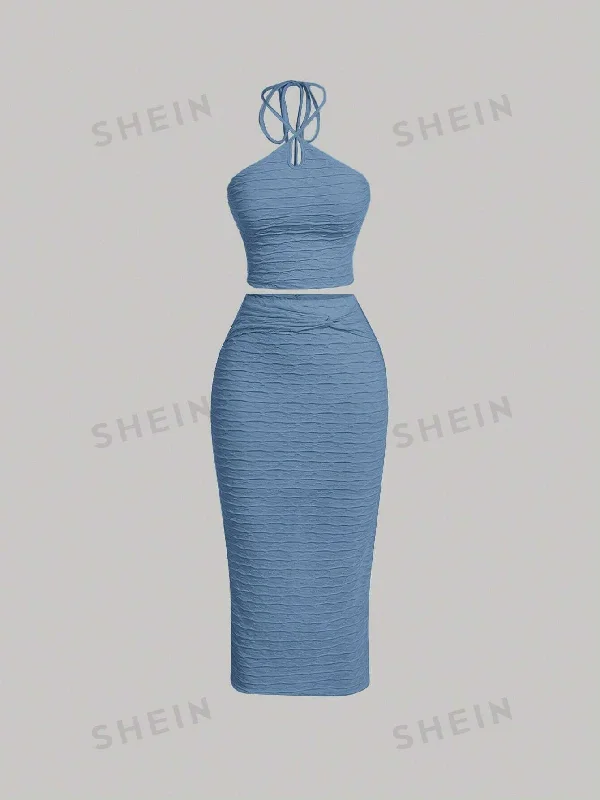 ladies-bodycon-dress-playful-pop-MOD Ladies' Solid Color Fashion Halter Top And Bodycon Maxi Skirt Two Piece Blue Set