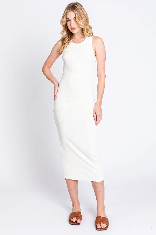 Women's midi dress muse glow -Ivory Sleeveless Ribbed Fitted Midi Dress