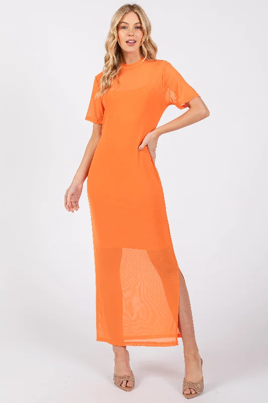 ladies-maxi-dress-vermilion-vibe-Orange Layered Mesh Maxi Dress