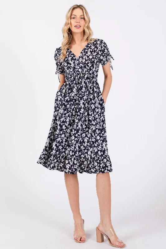 Women's midi dress egg glow -Navy Blue Floral Wrap Midi Dress