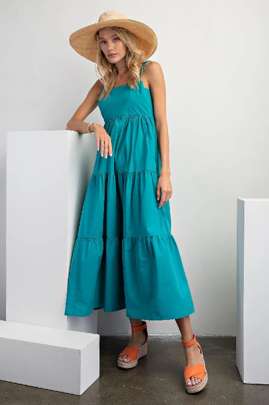 ladies-maxi-dress-flattering-fawn-Teal Square Neck Cut Out Back Tiered Maxi Dress