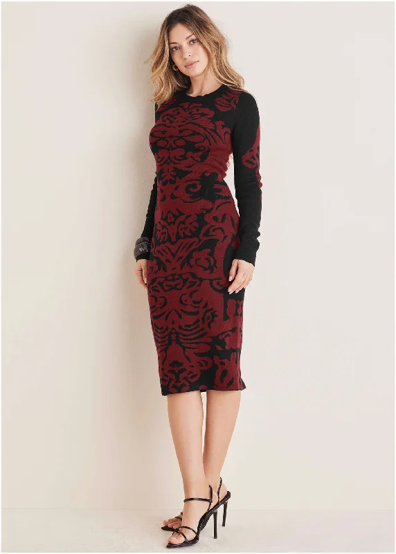 Women's midi dress bloom pop -Printed Midi Sweater Dress - Black & Wine