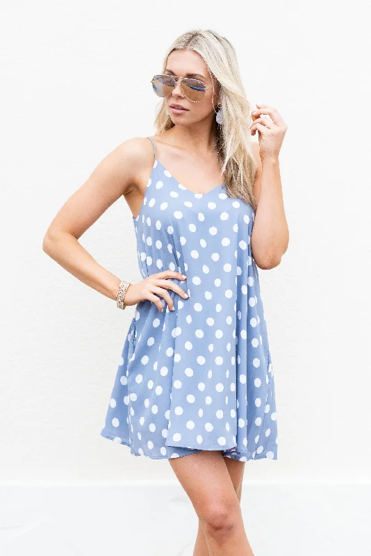 Women's party dress mini chic -Polka Dot Party Dress, Light Denim-Ivory