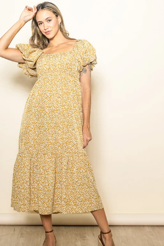 Women's midi dress free flair -Yellow Floral Puffed Sleeve Midi Dress