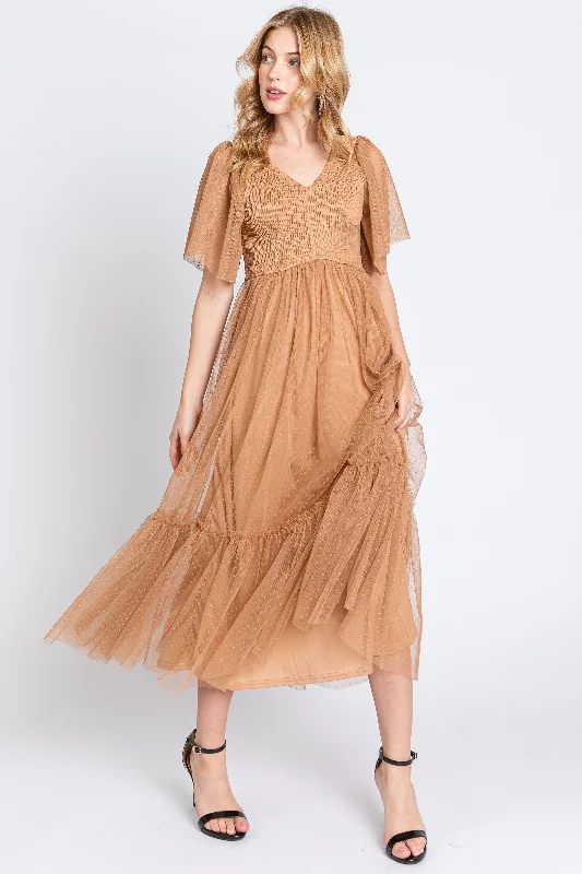 Women's midi dress free chic -Camel Dotted Tulle Smocked Midi Dress