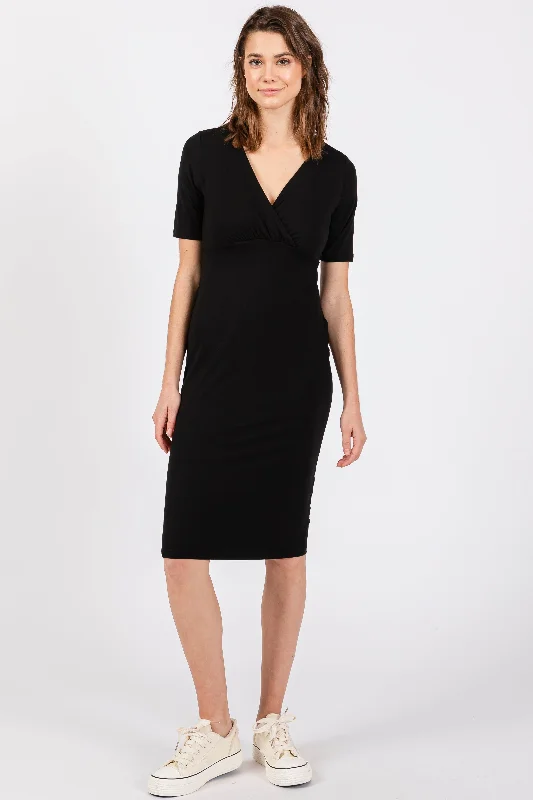 Women's midi dress off pop -Black Wrap Top Midi Dress