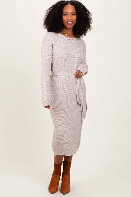 Women's midi dress fine chic -Taupe Waffle Knit Sash Tie Midi Sweater Dress