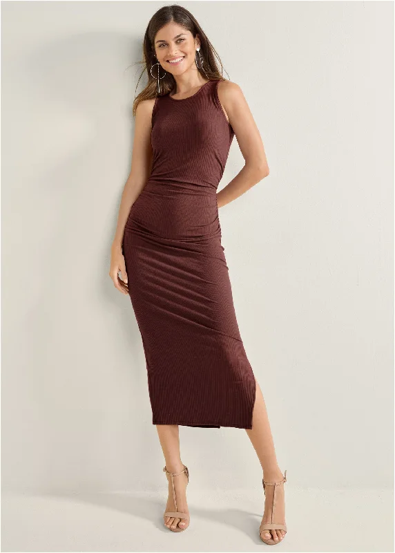 ladies-bodycon-dress-elegant-edge-Ribbed Bodycon Midi Dress - Auburn