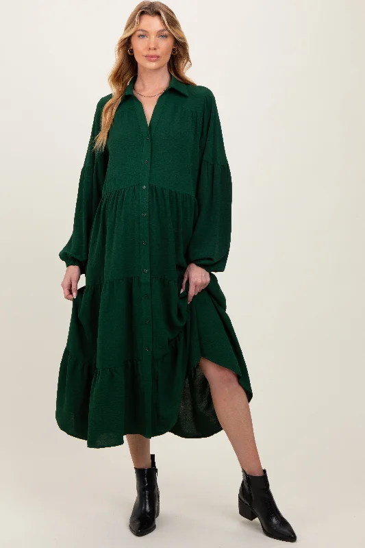 ladies-maxi-dress-party-petal-Forest Green Tiered Button Down Long Sleeve Maternity Maxi Dress