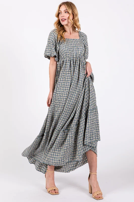 ladies-maxi-dress-square-sweep-Blue Plaid Puff Sleeve Maxi Dress