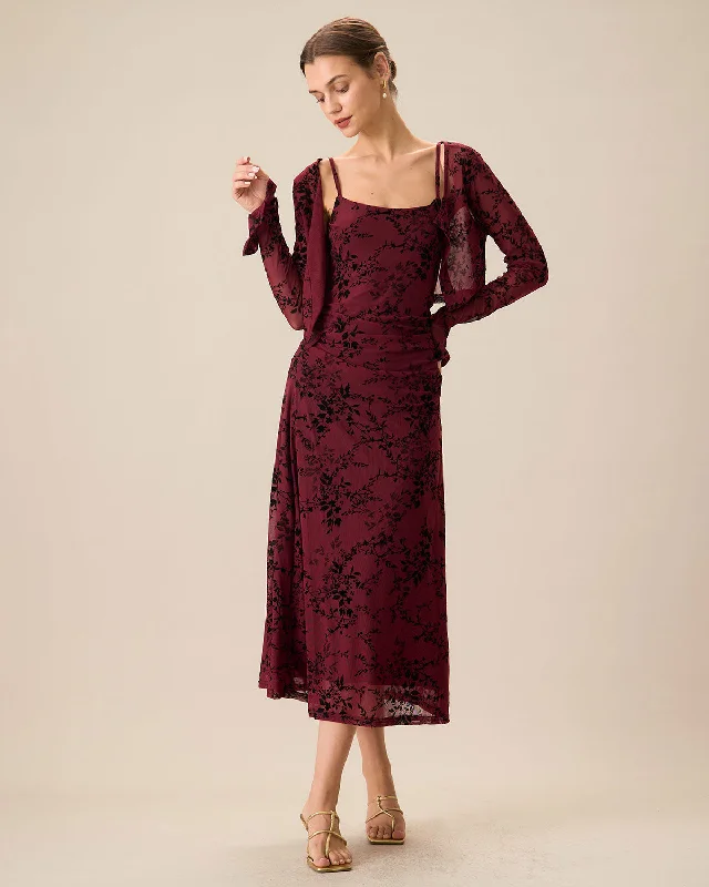 ladies-bodycon-dress-petite-punch-Red Floral Bodycon Slip Midi Dress | Wine Red