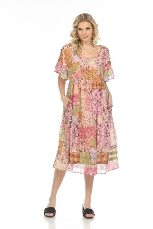 Women's midi dress gleam flair -Johnny Was Jade Macy Floral Patchwork Tiered Midi Dress Chic L35922