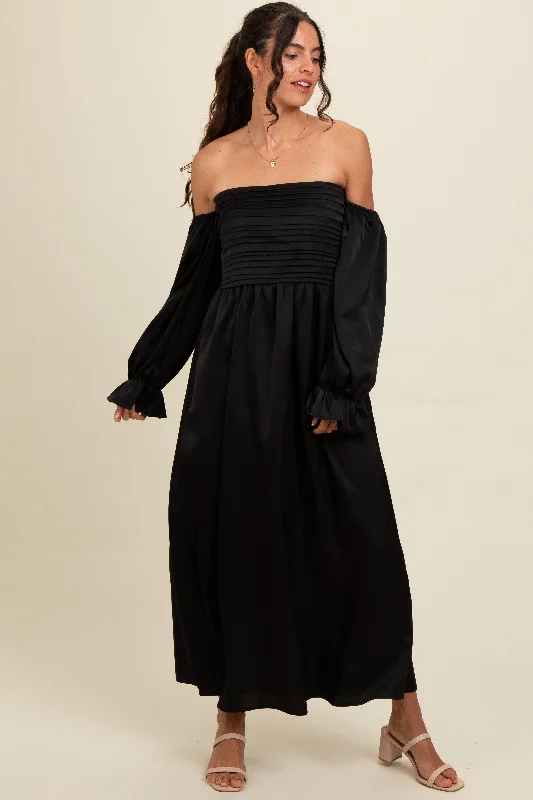 ladies-maxi-dress-orchid-opal-Black Off Shoulder Satin Pleated Bodice Maxi Dress